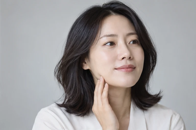 턱선에 가볍게 손을 댄 한국인 여성