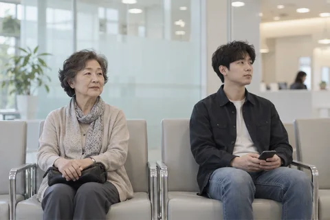 한국의 병원 대기실에서 차례를 기다리는 사람들