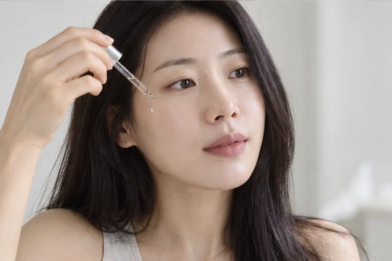 스포이트로 얼굴에 세럼을 바르는 한국인 여성
