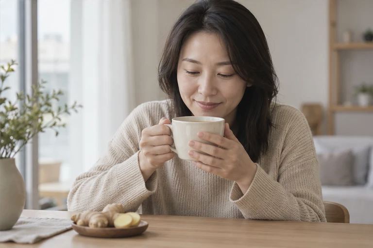한국의 가정에서 따뜻한 생강차를 두 손으로 든 여성