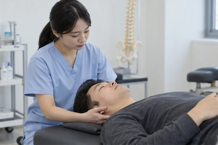 치료대에 누운 한국인 환자의 머리와 목을 받치는 치료사