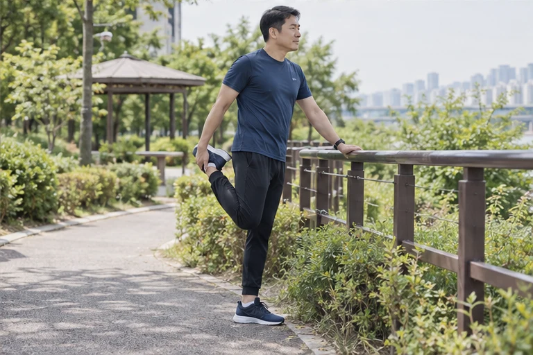 공원 난간을 잡고 허벅지 앞쪽을 늘이는 한국인 남성