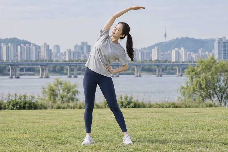 한강이 보이는 공원에서 옆구리를 늘이는 한국인 여성